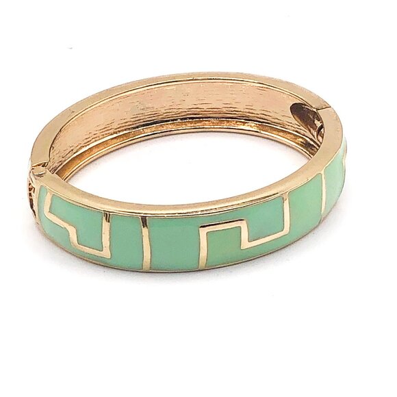Gold Tone Mint Green Enamel Hinged Bangle Bracelet - Picture 1 of 9